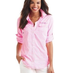 Vineyard Vines Womens 8 Harbor Shirt Pink Striped Long Sleeve Performance UV UPF